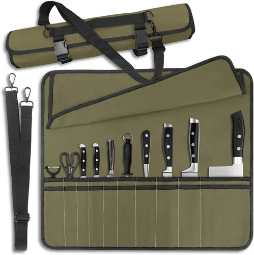 QIQU Bolsa de Cuchillos de Chef Verde Militar con 10 Ranuras Portacuchillos de Cuchillería Protectores, Herramientas de Cocina para el Hogar Viajes