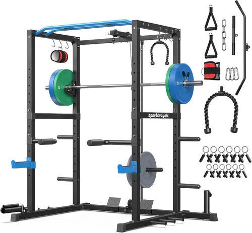 Miniatura 27 de Sportsroyals Jaula de Potencia, Rack de Potencia Multifuncional de 1600 libras con Sistema de Cruce de Cable Ajustable y Más Accesorios de Azul