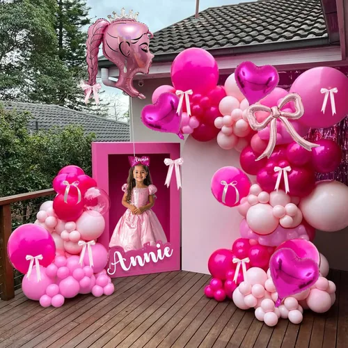 Miniatura 8 de Juego de globos de aluminio rosa princesa, 5 globos de lazo rosa, lámina de muñeca de corona y globos de corazón para maquillaje, cumpleaños