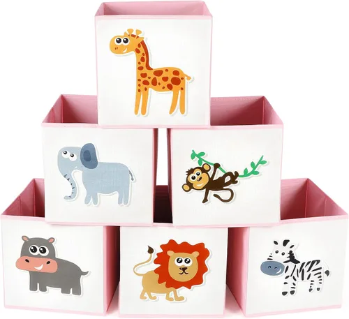 Berlune Caja de almacenamiento plegable de 6 piezas de cubo de animales de 10 x 10 pulgadas, cestas de cubo de tela no tejida y cartón para niños,