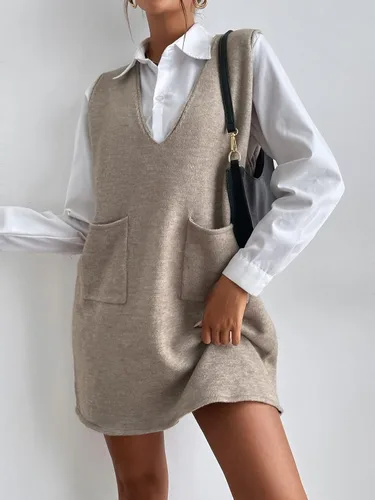 Miniatura 5 de OYOANGLE Vestido corto de punto sin mangas con cuello en V para mujer con bolsillos