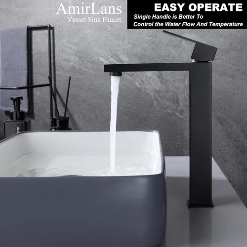 Miniatura 3 de Grifo de Fregadero de Recipiente Negro Mate, Grifo de Baño Alto de Un Solo Agujero para Fregadero de Recipiente, Grifo de Acero Inoxidable Negro
