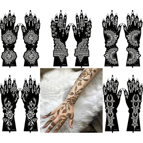 Miniatura 13 de 10 hojas de plantillas de tatuaje de henna 10 pares de plantillas de tatuaje temporal para brazo y mano Tatuajes indios árabes con purpurina Negro