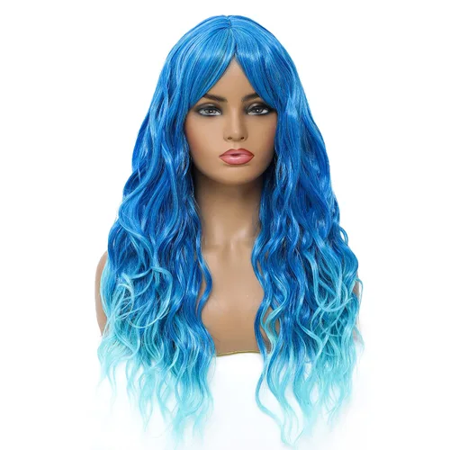 Miniatura 14 de SWACC Peluca larga y rizada ondulada con flequillo peluca de pelo sintético para mujeres con gorra de peluca (negro)