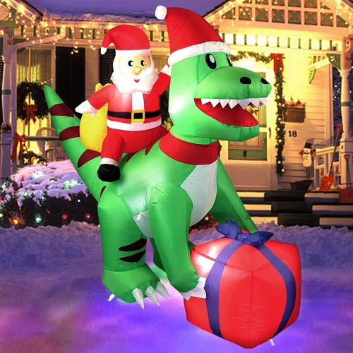 Dinosaurio inflable de Navidad de 5 pies con Papá Noel, luces LED, decoración de patio para interiores y exteriores, T-Rex verde con caja de regalo