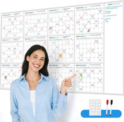 Miniatura 7 de Calendario de borrado en seco para pared, calendario de pared anual de borrado en seco, 34 x 58 pulgadas, calendario en blanco sin fecha de 12