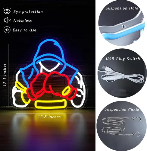 Miniatura 3 de Letrero de neón de boxeador, regalos de boxeo para hombres, luz LED de neón regulable para salas de deportes, decoración de gimnasio y cueva