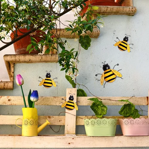 Miniatura 7 de MorTime Paquete de 4 esculturas de metal para pared, decoración de jardín, decoración de pared de abeja colgante para interiores y exteriores
