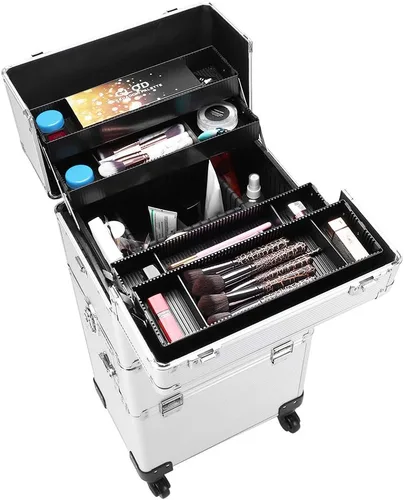 Miniatura 6 de Flandre Estuche de aluminio 3 en 1, organizador de cosméticos de belleza, caja de viaje de maquillaje, caja de tren con ruedas, bandejas plegables