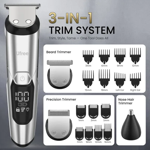 Miniatura 4 de Ufree Kit de recortadora de barba 3 en 1, maquinilla de afeitar eléctrica para bigote, cuerpo y nariz, pelo facial, recortadora de pelo profesional