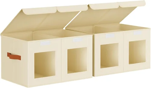 Homsorout Contenedores grandes de almacenamiento para armario, organizador de ropa plegable dividido con tapas y doble ventana, contenedores Beige