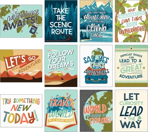 Carson Dellosa Let's Explore Travel - Póster de 12 piezas para aula, estilo retro, decoración de aula de aventura, arte de pared con citas