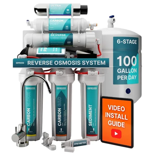 NU Aqua Sistema de filtro de agua de ósmosis inversa UV de 6 etapas para debajo del fregadero - Bomba de refuerzo - Filtración RO de 100 GPD con