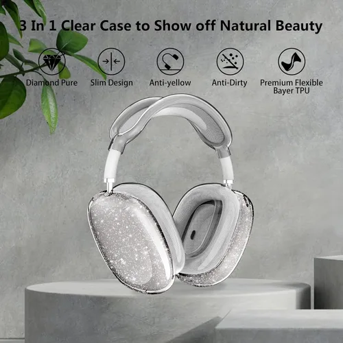 Miniatura 2 de Aircawin Funda para AirPods Max Transparente con Purpurina Negra, 3 en 1 TPU Suave Transparente Cubiertas para Auriculares/Cubiertas de Almohadillas