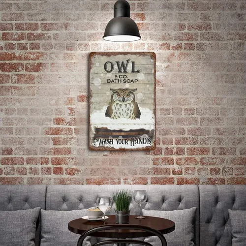 Miniatura 5 de Placa colgante de hierro vintage con diseño de búho y jabón de baño de metal, letrero de lata de metal con texto "Wash Your Hands", estampado
