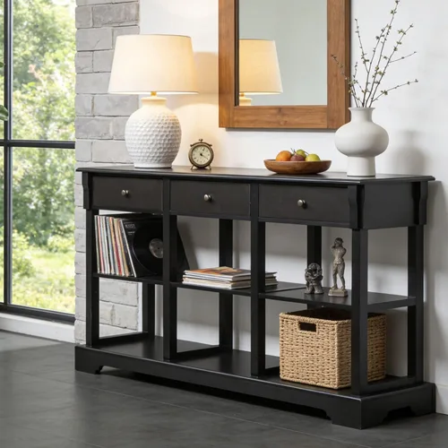 Miniatura 4 de Karl home Mesa consola con 3 cajones, escritorio de entrada de 58 pulgadas de ancho, mesa auxiliar con 6 estantes inferiores de almacenamiento, Negro