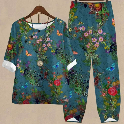 Miniatura 2 de Conjuntos de 2 piezas para mujer, estampado floral, media manga a juego, manga corta, conjunto de dos piezas