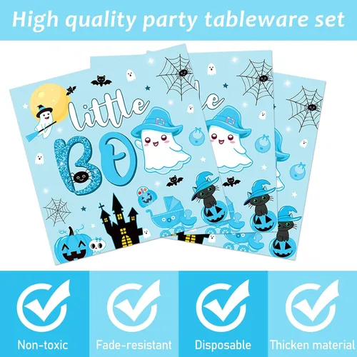 Miniatura 3 de 96 PIEZAS Platos y Servilletas de Halloween Little Boo Baby Shower para decoraciones de baby shower Boo, vajilla desechable azul y negra, platos