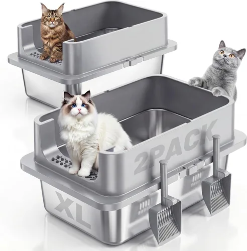 Jotesnew Paquete de 2 Cajas de Arena para Gatos de Acero Inoxidable XL con Tapa y Lados Altos, 24" L x 16" A x 12" Al Cajas de Arena de Metal Extra