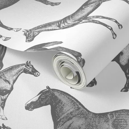 Miniatura 2 de Papel tapiz autoadhesivo de 6 x 2 pies – Caballos victorianos impresión grande blanco y negro estilo vintage Pony ecuestre personalizado extraíble