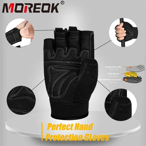 Miniatura 4 de Guantes de entrenamiento MOREOK con acolchado para levantamiento de pesas para hombres/mujeres, [Gel de 3MM] guantes sin dedos de agarre para Negro