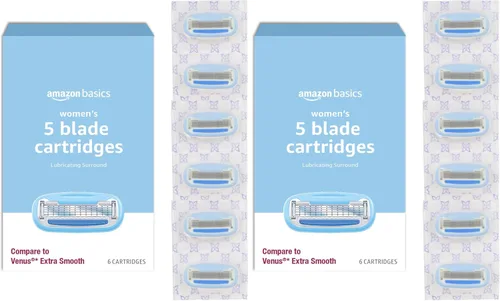 Miniatura 7 de Amazon Basics - Mango de navaja de afeitar de cinco hojas para mujer, incluye 12 cartuchos y colgador de ducha, set de 14 piezas, azul