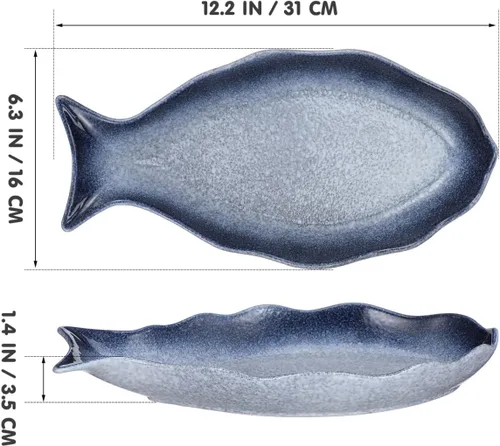 Miniatura 5 de Cabilock Plato de cerámica con forma de pescado de 12 pulgadas, plato de pescado al vapor de porcelana azul, plato profundo de mariscos para sushi
