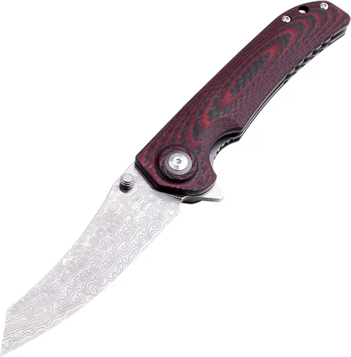 Miniatura 7 de SHIELDON Charkos - Cuchillo plegable VG10 Core 67 capas de acero de Damasco de 4 pulgadas, hoja de punto de caída, Scarlet G10, mango de fibra