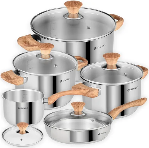 Daniks Oslo - Juego de utensilios de cocina de acero inoxidable de 10 piezas con tapas de vidrio, incluye cacerola y sartén con tapa, bases de tres