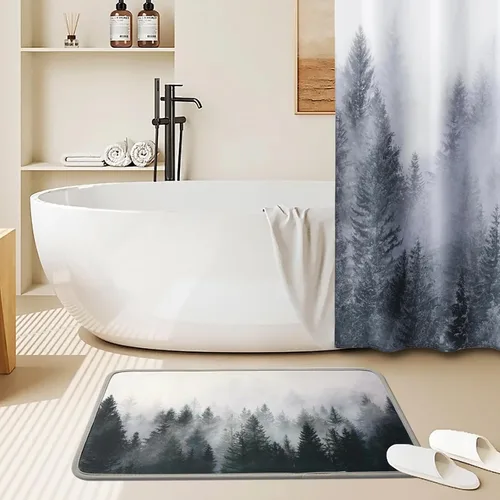 Miniatura 7 de ORTIGIA Misty Forest Alfombra de Baño, Tapete de Baño Negro Delgado de 16x24 pulgadas, Tapete de Puerta, Tapete de Piso, Absorbente, de Secado