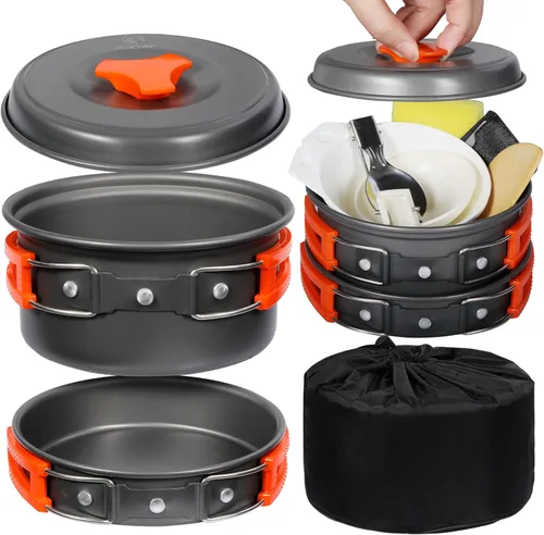 REDCAMP 6/10/11/12/14/15/19 piezas Kit de utensilios de cocina para camping, equipo de camping, ollas, sartenes, soperas, cucharas apilables