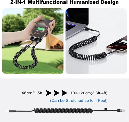 Miniatura 6 de CarPlay - Paquete de 2 cables de carga en espiral USB A a USB C para iPhone 15, cable de carga corto para automóvil/Uber, sincronización de datos