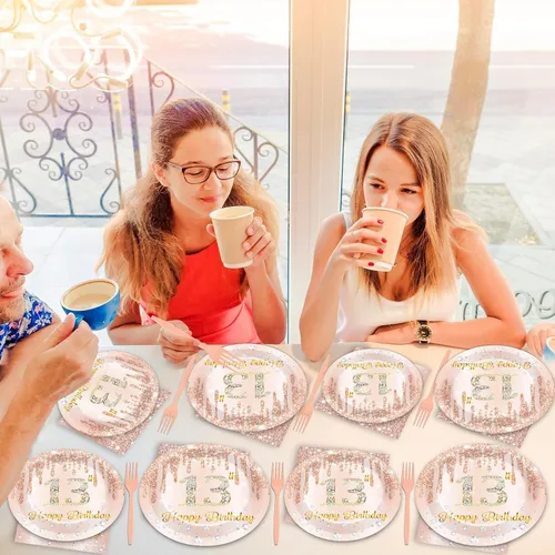 Miniatura 6 de 200 piezas de platos, servilletas y cubiertos de Rose Gold para fiesta de cumpleaños número 13, juego de vajilla rosa para la feliz decoración