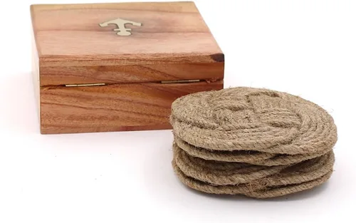 Miniatura 3 de Juego de 4 posavasos con soporte de caja de madera, posavasos absorbentes para bebidas y mesa de café, posavasos hechos a mano con cuerda de yute