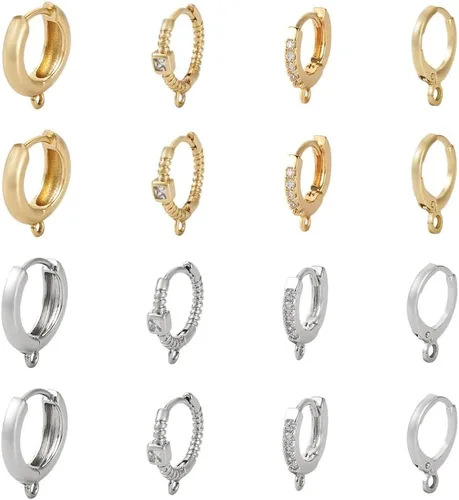 Miniatura 16 de Fashewelry 14 aretes de aro de oro de 18 quilates de latón Huggie aros aros aros con lazo para mujer, aretes colgantes para hacer joyas 4-Forma mixta