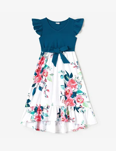 Miniatura 3 de PATPAT Trajes familiares a juego con cuello redondo, puños con volantes, vestidos con estampado floral y camisetas de manga corta