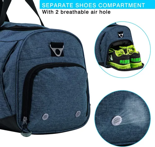 Miniatura 6 de Kuston Bolsa de gimnasio deportiva con compartimento para zapatos y bolsillo húmedo, bolsa de lona para gimnasio para hombres y mujeres, Azul