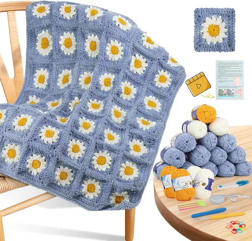 Kit de Ganchillo Coopay para Principiantes para Manta, Kit de Ganchillo de Cuadrados de Abuela con Instrucciones y Suficiente Hilo, Juego Completo