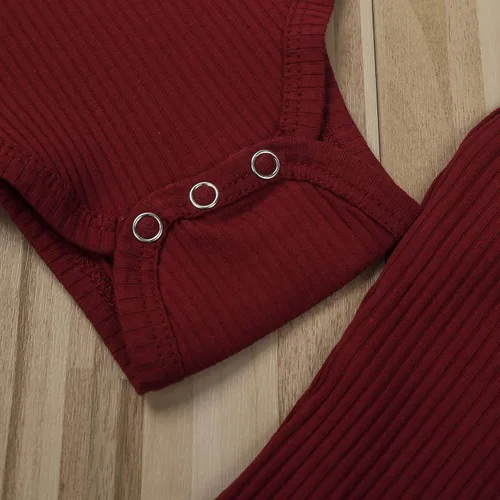 Miniatura 5 de Ropa para bebé y niña, acanalado, con volantes, manga larga, mameluco, pantalones acampanados, color sólido, otoño, invierno, trajes de 2 piezas