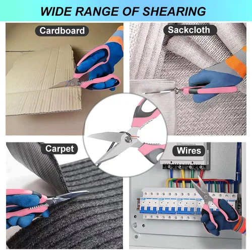 Miniatura 5 de Tijeras resistentes de 8'' de usos múltiples con cubierta protectora, hojas serradas de acero inoxidable, corte fácil de cartón, cuero, tela, cables