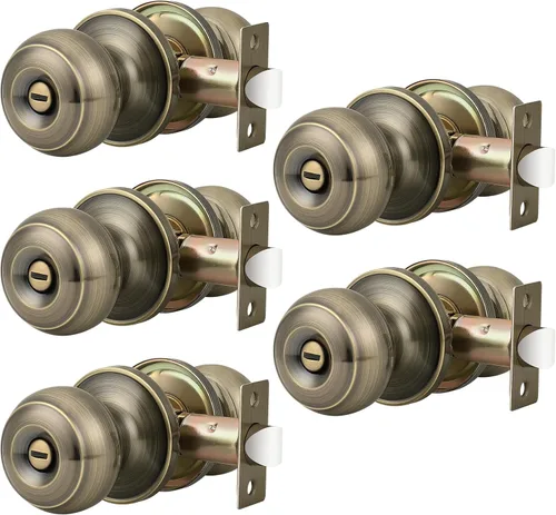 Miniatura 9 de Probrico Paquete de 6 pomos de privacidad para puerta, cerradura interior para dormitorio, baño, manija de puerta de latón antiguo, bola redonda sin