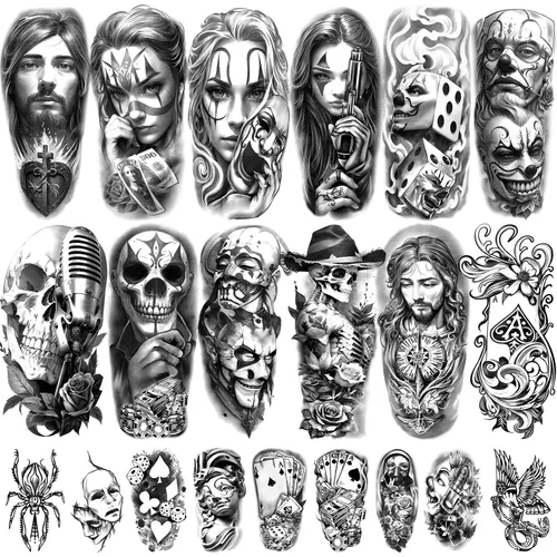 77 hojas de tatuajes temporales chicanos para adultos, cholo chola chicano gángster Joker, tatuajes falsos de payaso, prisionero de payaso, tatuajes