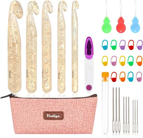 Miniatura 8 de Vodiye Juego de 23 ganchos de ganchillo, mango ergonómico para manos artríticas, agujas de ganchillo cómodas y suaves, agujas de tejer extralargas