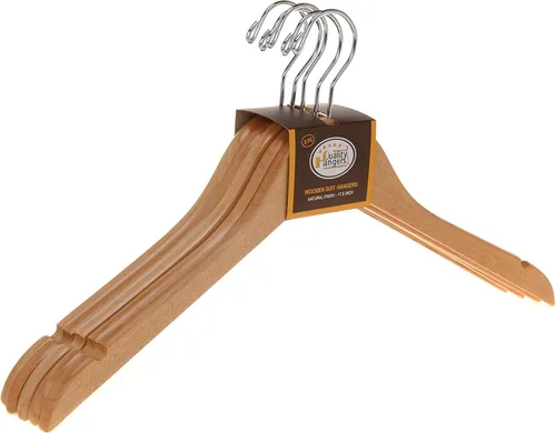Miniatura 7 de Perchas de madera semicurvadas de calidad, paquete de 10 perchas de madera maciza con acabado liso con gancho giratorio, chaqueta, pantalón, perchas
