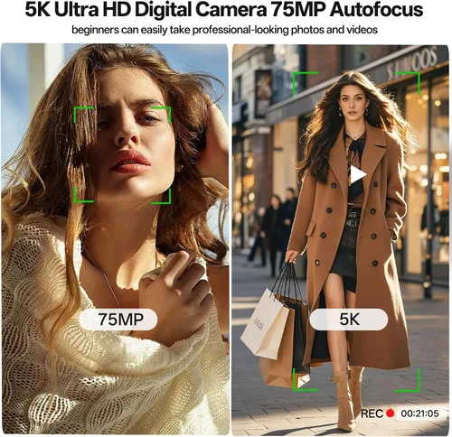 Miniatura 2 de Cámara digital de 5K 75 MP para fotografía con zoom de 18X, cámara WiFi de enfoque automático para vlogging con lente dual UHD, cámaras de viaje