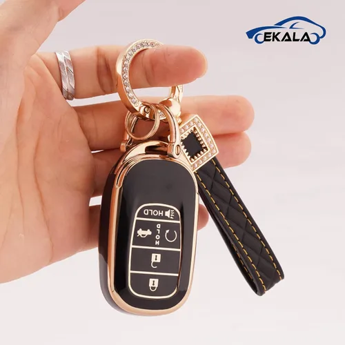 Miniatura 5 de Ekala para Honda Funda para Llavero con Llavero de Cuero, 5 Botones Carcasas de Teclas de TPU Suave Compatibles con Honda Civic Accord Pilot CR-V