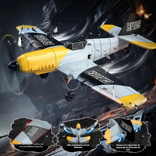 Miniatura 7 de DEERC Avión RC BF-109 de 3 canales con control remoto, avión de combate de juguete con estabilizador de giro de 6 ejes de 2.4GHz, avión a control