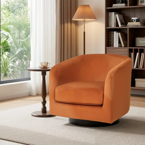 Miniatura 46 de Juego de 2 Sillas Giratorias de Acento, Silla Barril Tapizada en Tela para Sala de Estar, Cómodo Sillón Redondo Sofá Individual Asiento de Lino Beige