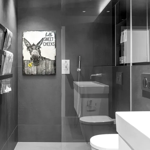 Miniatura 4 de citari Arte de pared de baño de granja, póster de burro divertido para pared, lienzo rústico impreso en blanco y negro, decoración de pared
