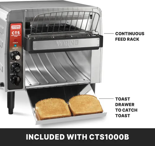Miniatura 5 de Waring Tostadora comercial CTS1000B con transportador, más de 1000 rebanadas por hora, 208V, 2700W, enchufe de fase 6-20, plateado